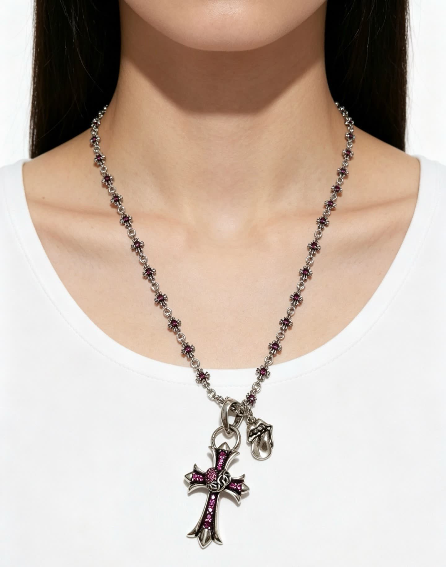 Chrome Hearts Black Cross Necklace with Pink Stones